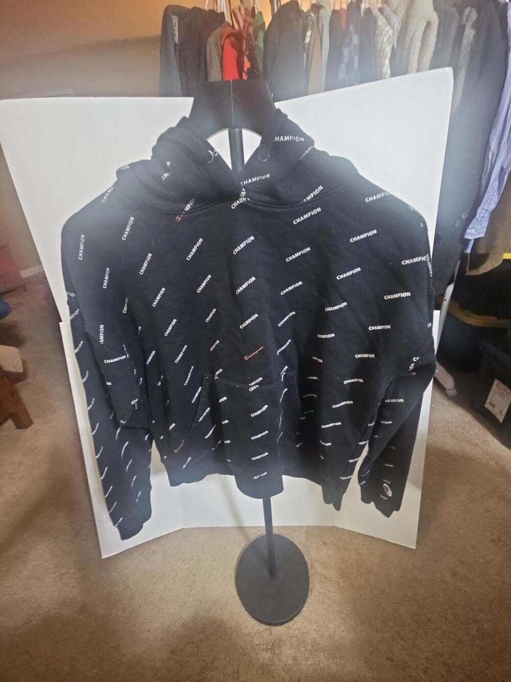 Champion Hoodie Size S Black All Over Print Pullover Sweatshirt